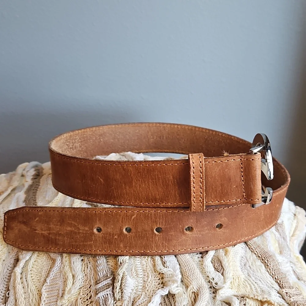 Guess Belt Leather Y2K Silver G Buckle with Hearts Brown Strap Size Sm